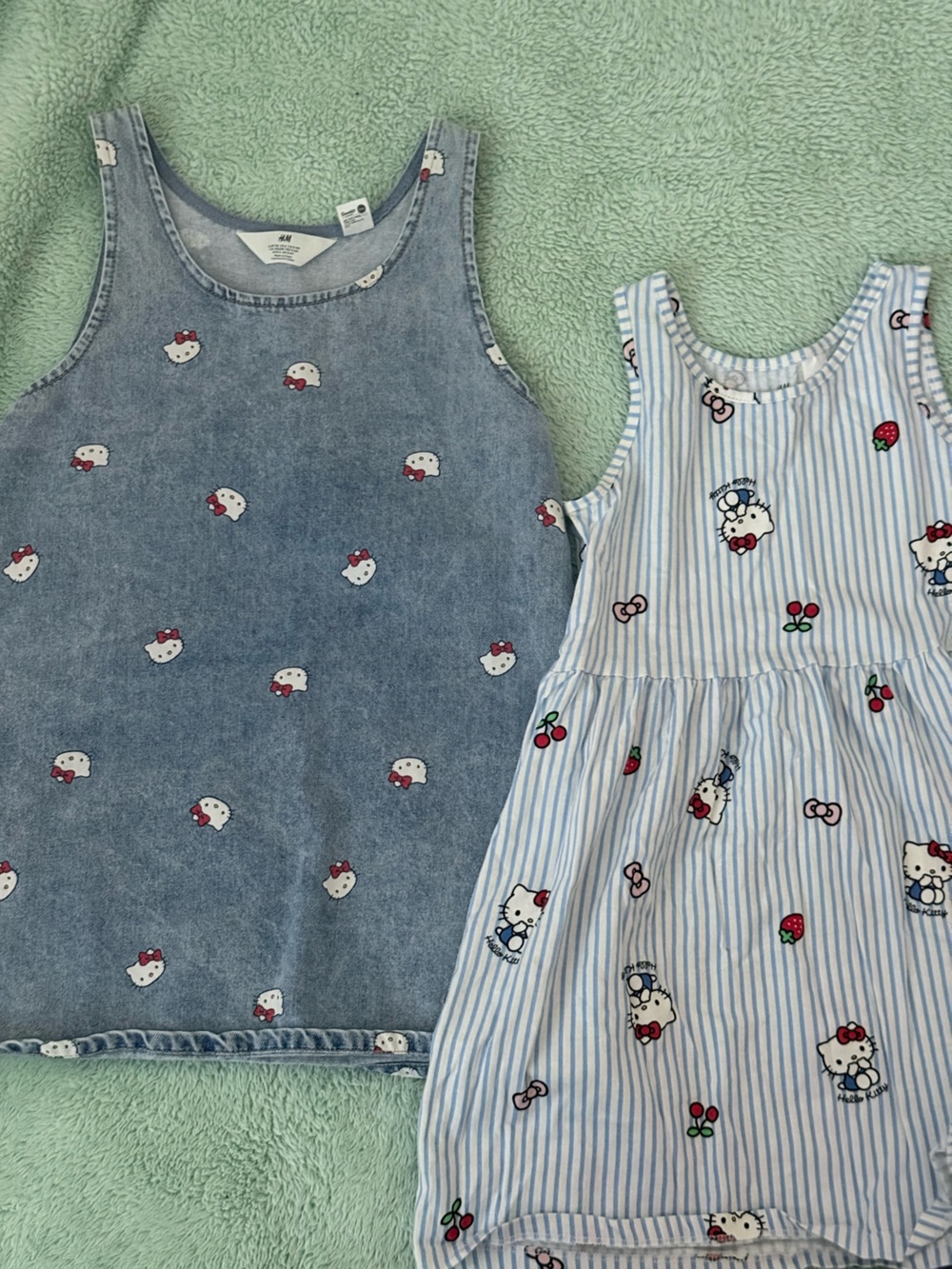 H&M Girls Blue Denim-Look and Blue-White Striped Hello Kitty Dresses